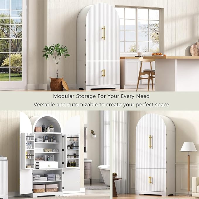 72" Tall Arched Kitchen Pantry Cabinet with 8 Door Shelves and Hidden Drawer, Fluted Storage Cabinets with 3 Adjustable Shelves, Versatile Cupboard for Kitchen (White)