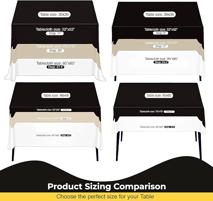 Party Solids 12-Pack Black Square Plastic Disposable Tablecloth ??Size: 85 횞 85 Inches ??Square Table Cover for Parties, Picnics & Formal Events