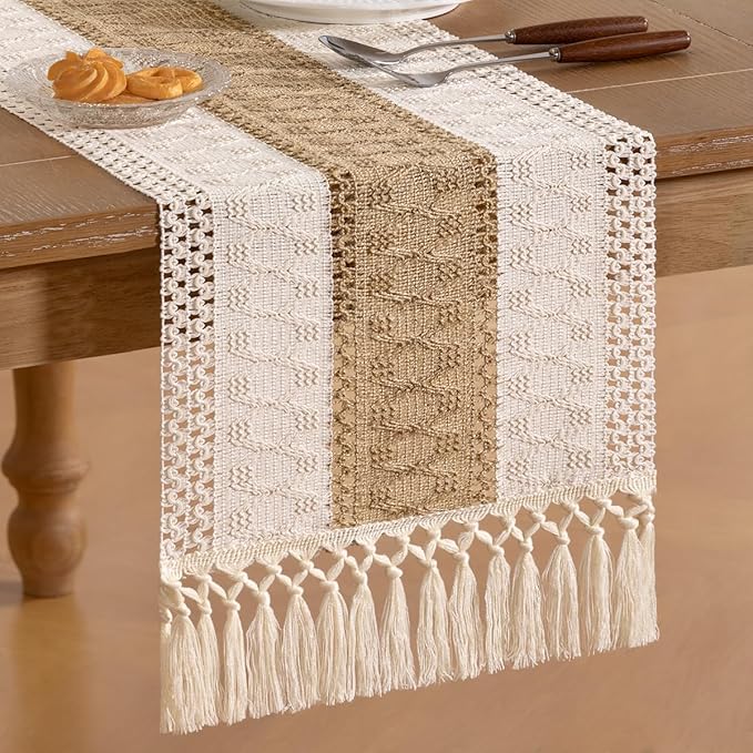 Socomi Boho Table Runner Valentine's Day Farmhouse Rustic Dining Kitchen Centerpiece Decor Small Macrame Woven Cotton Linen Coffee Table Runner for Dresser Scarf Home Decor 12x90 inch