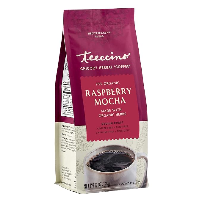 Teeccino Raspberry Mocha Chicory Coffee Alternative - Ground Herbal Coffee That?™s Prebiotic, Caffeine Free & Acid Free, Dark Roast, 11 Ounce (Pack of 3)