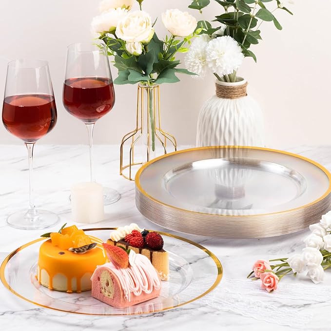 Goodluck 25 Pack Reusable Plastic Clear Charger Plates with Gold Rim, 12-Inch, for Dinner, Wedding, Party, Event Table Decoration, Clear&Gold