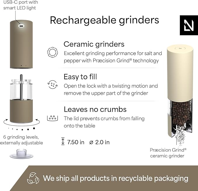 LARS NYS횠M Electric Salt and Pepper Grinder Set I Automatic Salt and Pepper Mills with Adjustable Ceramic Grinder I USB Rechargeable Electric Spice Mill Set with LED Light (Brown/Beige)