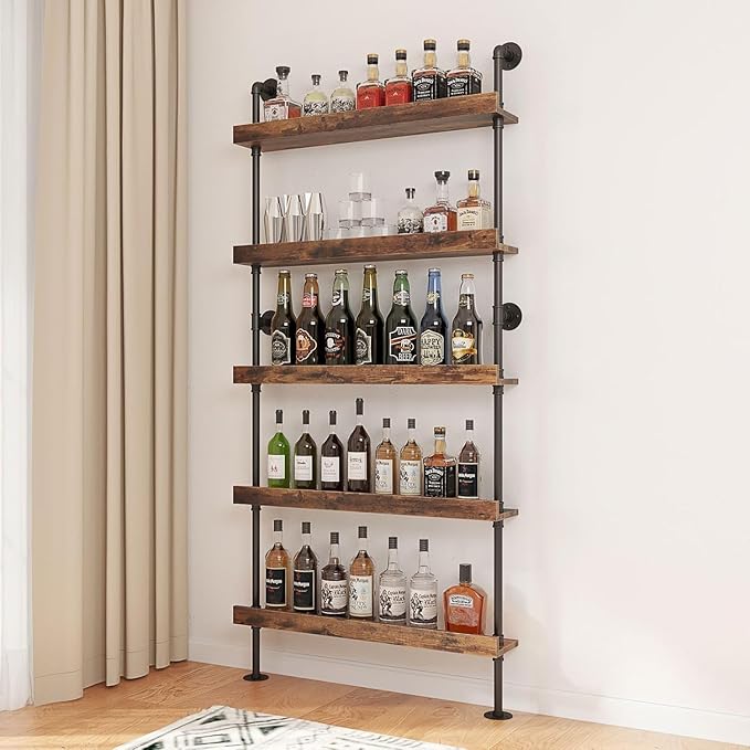 5-Tier Wall Mounted Wine Rack, Floating Bar Shelves, Liquor Bottle Shelf Display, Rustic Industrial Bar Shelf for Home Bar Dining Room Kitchen (23.6" W x 79" H x 8.6" D)