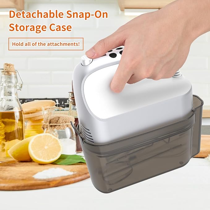 9-Speed Digital Hand Mixer Electric, 400W Powerful DC Motor, Baking Handheld with Snap-On Storage Case, 5 Stainless Steel Accessories, Flat Beaters, Dough Hooks, Whisk(Silvery White)