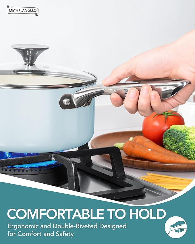 MICHELANGELO Pots and Pans Set Non Stick - Ceramic Cookware Set Non Toxic, 8-Pcs Nonstick Pots and Pans with Ergonomic Handle, Dishwasher Safe & Induction Compatible, Blue