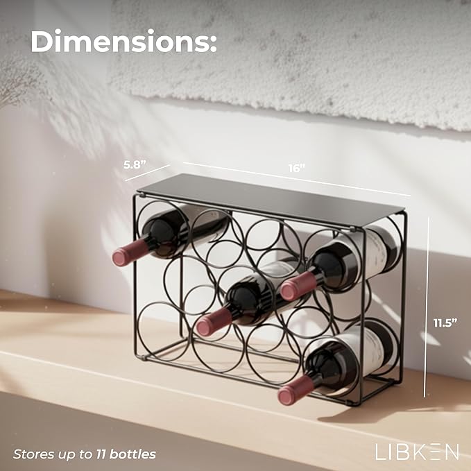 Countertop Wine Rack ??Black Powder Coated Metal Wine Holder, Minimal Scandinavian Design ??Modern Geometric Small Wine Rack for Countertop, Cabinet, or Tabletop Storage, Fits 11 Bottles