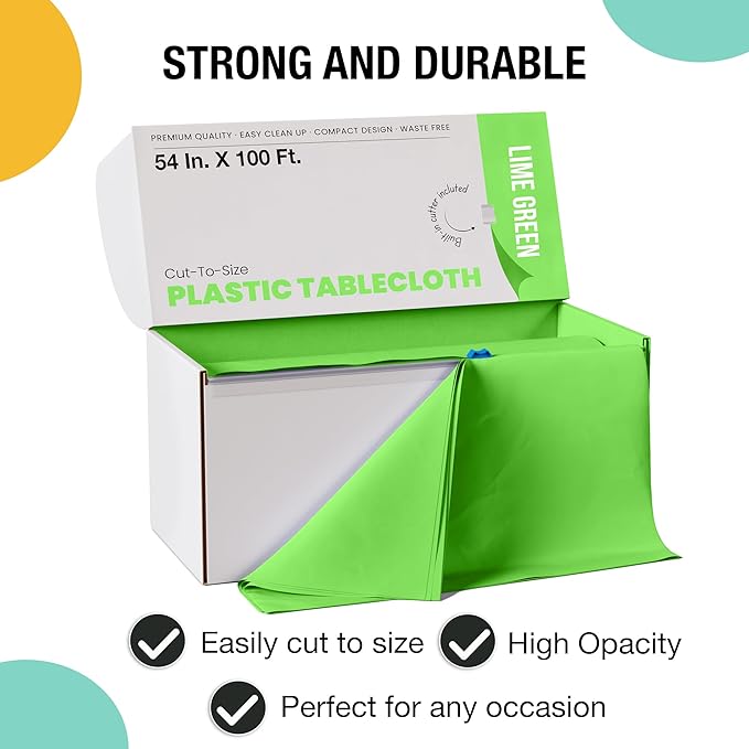 Exquisite Lime Green Plastic 54x100in Rectangular Tablecloth Roll with Built-in Cutter, 100 Feet, All-Season