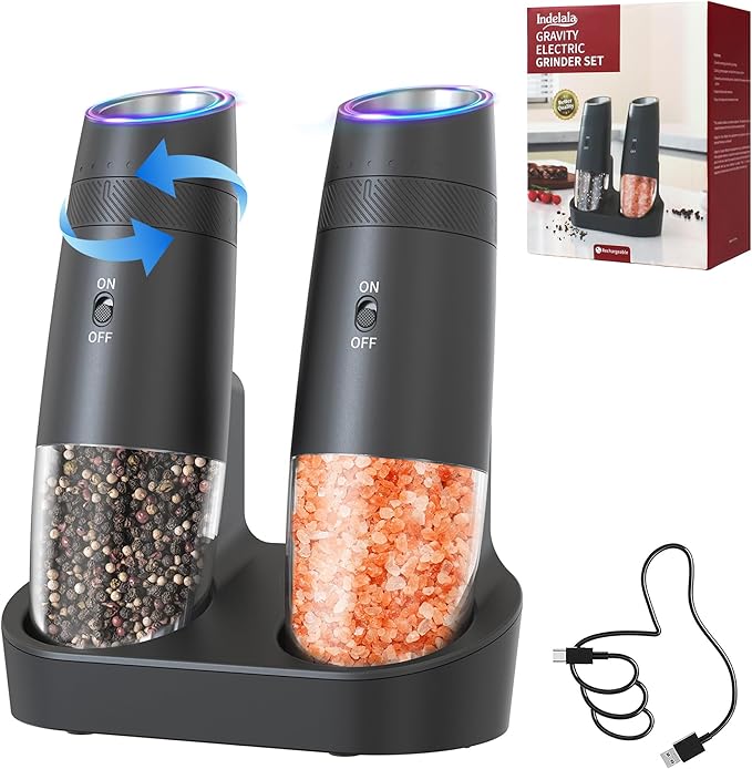 Gravity Electric Pepper and Salt Grinder Refillable Set - Automatic Shakers Pepper Mill, Adjustable Coarseness, with Rechargeable Base & LED Light