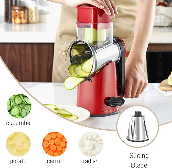 Weltonhm Rotary Cheese Graters with 4 Blades, Hand Crank Cheese Grater with Waffle Slicer, Red, Black and White Cheese Shredder with Suction Base, Easier for Shredding & Grating (Red, 4 Graters)
