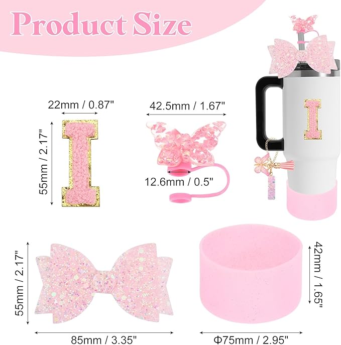 uxcell 8Pcs Cup Accessories Set for Cup Tumbler with Handle, Including Silicone Straw Cover, Boot, Spill Proof Stopper, Handle Charm, Initials Sticker(Letter I, Pink)