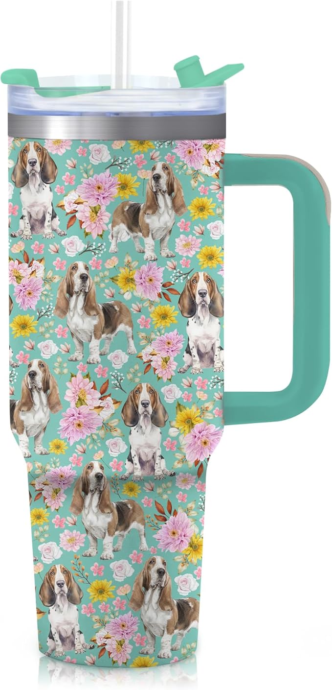 Yogusut Basset Hound Gifts for Women, 40oz Stainless Steel Insulated Tumbler Travel Mug Cup with Handle Straw, Gifts for Dog Mom Dog Lover
