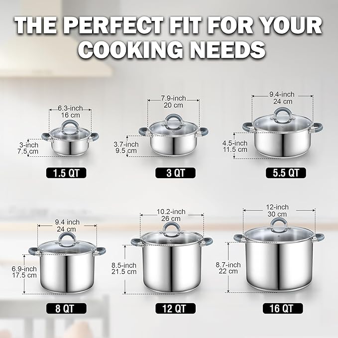 Cook N Home Stockpot with Lid, 8-Quart Basic Stainless Steel Pasta Cooking Soup Pot, Stay-Cool Silicone Handles
