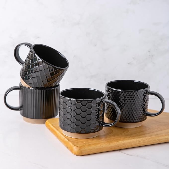 GBhome 15OZ Stackable Coffee Mugs, Ceramic Coffee Mugs with Texture Patterns for Man,Woman,Dad,Mom, Modern Coffee Cups Set of 4 for Latte/Cappuccino/Cocoa. Dishwasher&Microwave Safe竊똁lack