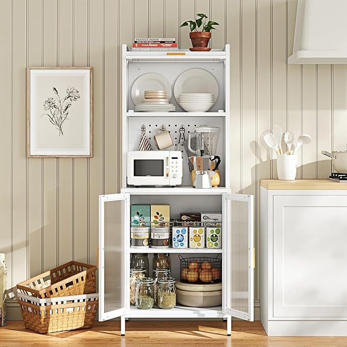 Letaya Metal Kitchen Pantry Cabinet,63" Tall Kitchen Bakers Rack with Storage, Coffee Hutch with countertop,Metal Microwave Stand with Glass Doors for Dining Room, Laundry, Hallway,White