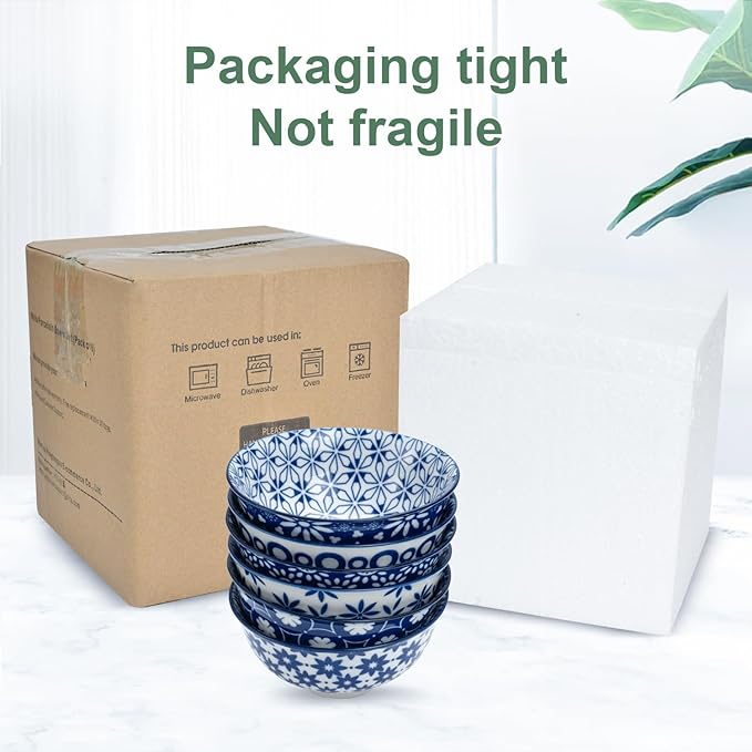 AntoKueh Blue and White Ceramic Bowls Set of 6, 4.7in Small Dessert bowl 10 oz for ice cream, Snack, Porcelain bowl for Dipping,Dishwasher/Microwave safe
