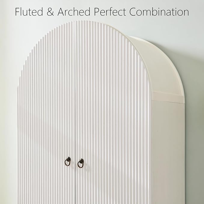 71" Tall Arched Pantry Cabinet, Fluted Kitchen Storage Cabinet with Adjustable Shelves and 2 Large Drawers, Freestanding Morden Versatile Cupboard for Living Room, Bathroom, White