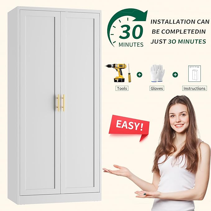 CJF 71" H Metal Kitchen Pantry Storage Cabinet, Freestanding Cupboard with 2 Doors and 4 Adjustable Shelves, Standing Storage for Kitchen, Bathroom, Garage, Dinning Room or Utility Room（White）