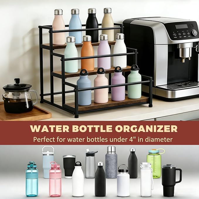 Coffee Syrup Rack Organizer - Metal Bottle Holder for 12 Bottles ??Rustic Countertop Display Shelf for Coffee Bar, Kitchen Cabinet, Pantry Storage for Syrups, Liquor, Spice, Tea & Wine (3-Tier)