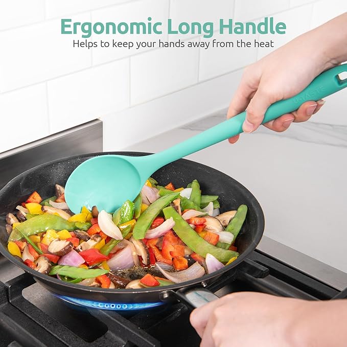 13.3" Solid Cooking Spoon: U-Taste 600쨘F Heat Resistant Kitchen Mixing Spoon, Food Grade Nonstick Long and Large Rubber Soup Utensil for Serving, Stirring, Basting, for Pot Cookware (Aqua Sky)