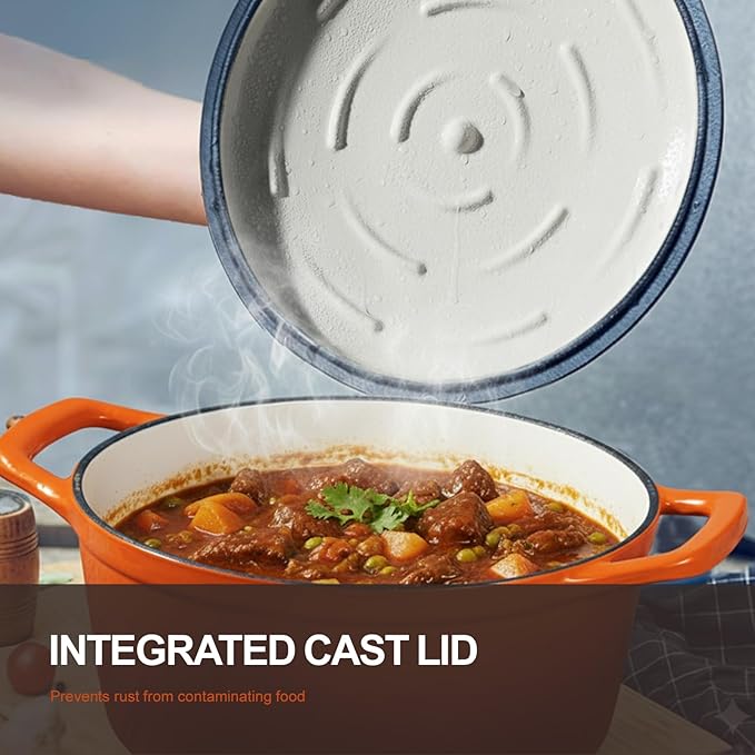 Overmont Refined Enameled Cast Iron Dutch Oven - 5.5QT Pot with Wide Handles Lid Cookbook & Cotton Potholders - Heavy-Duty Pre-Seasoned Cookware Oven Safe to 500째F for Braising, Stews, Roasting, Bread Baking