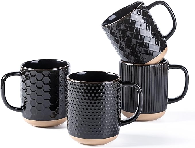 GBhome Ceramic Coffee Mugs Set of 4, 12oz Handmade Stoneware Coffee Mugs Set with Large Handle for Cappuccino/Latte/Tea/Hot Cocoa, Dishwasher & Microwave Safe, Black