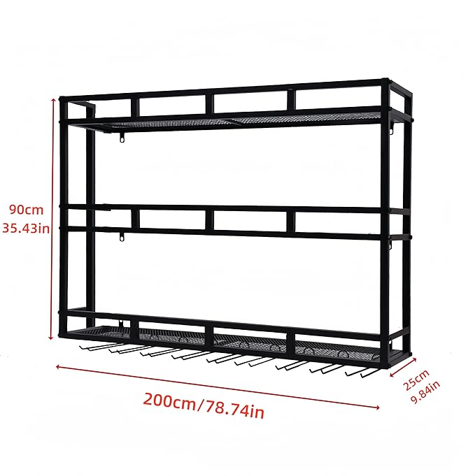 79 Inch Metal Wine Rack Wall Mounted, Bar Shelves for Liquor Bottles with LED Light, 3 Tier Large Capacity Liquor Rack Wall Mounted with Glass Holder for Home Bar & Dining Room, Black