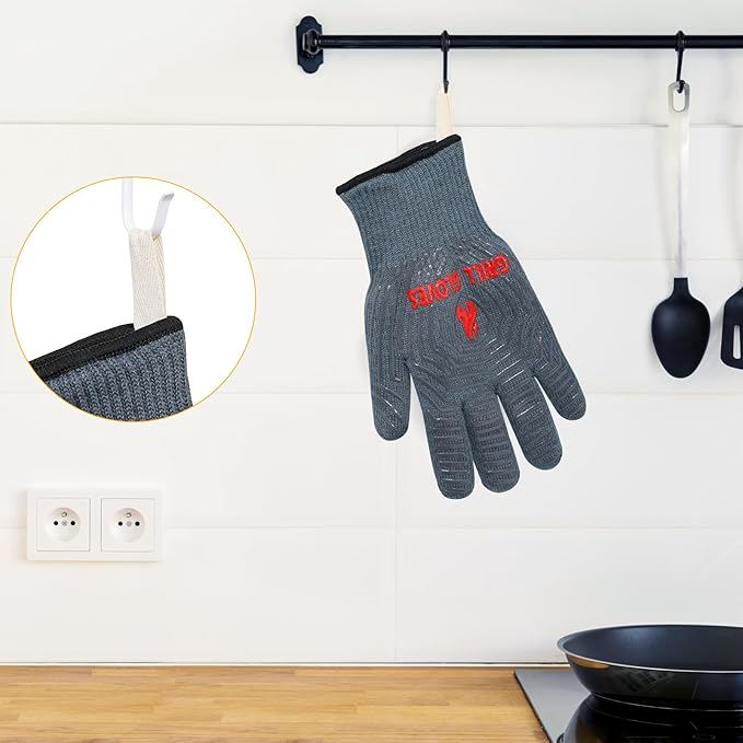 QUWIN BBQ Gloves, Oven Gloves 1472??Extreme Heat Resistant, Grilling Gloves Silicone Non-Slip Oven Mitts, Kitchen Gloves for BBQ, Grilling, Cooking, Baking-1 Pair??(Grey, One Size Fits Most)