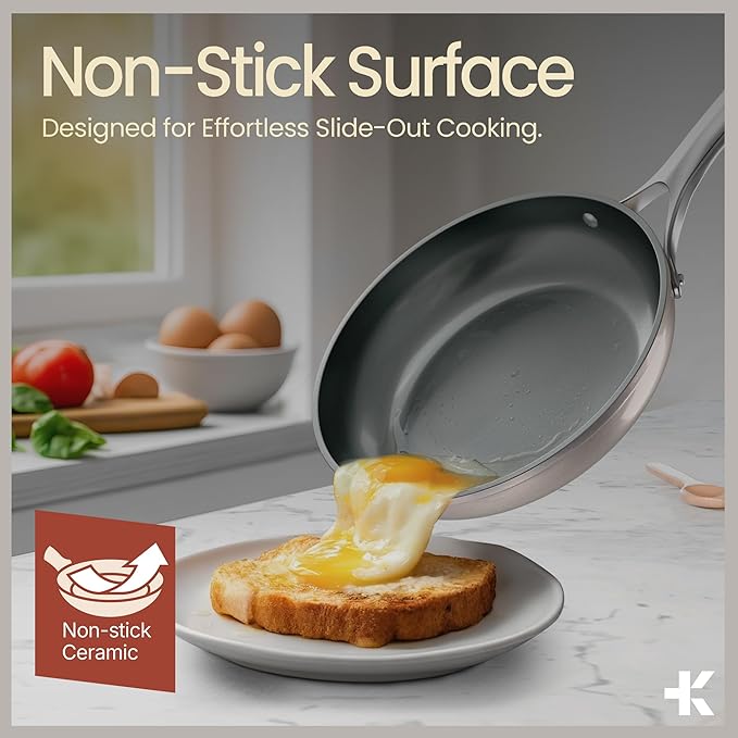 Bakken 12-Piece Aluminum Cookware Set with Ceramic Nonstick Coating, PTFE & PFAS Free, All Stovetop Safe Up To 500째F, Pots and Pans Set with Lids, Silicone Utensils Included, Dishwasher Safe, Cream