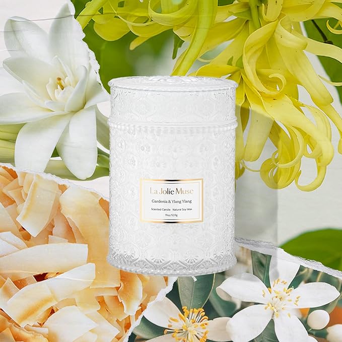 LA JOLIE MUSE Gardenia & Ylang Ylang Scented Candle ??Ylang, Tuberose, Orange Blossom |19 oz Large Wooden Wick Candle | Natural Soy Wax | 90 Hours Clean Burn | Gift-Ready for Hosts