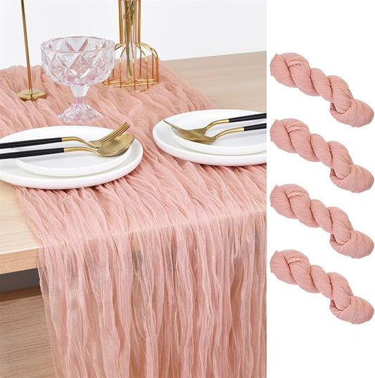 Joanlody Coral Pink Cheesecloth Table Runner Spring Easter 10Ft Rustic Gauze Boho Cheese Cloth Table Runner for Wedding Bridal Baby Shower Decoration 4 Pack