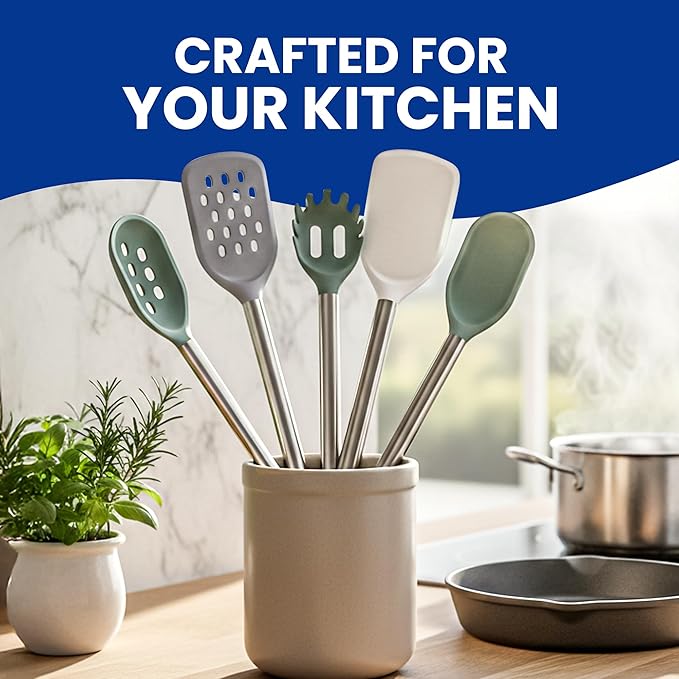 5-Piece Silicone Kitchen Utensils Set Non Toxic, Heat-Resistant & Non-Stick with Stainless Steel Handles, BPA-Free Silicone Cooking Utensils, Slotted Turner, Solid Spoon, Pasta Server, Dishwasher Safe
