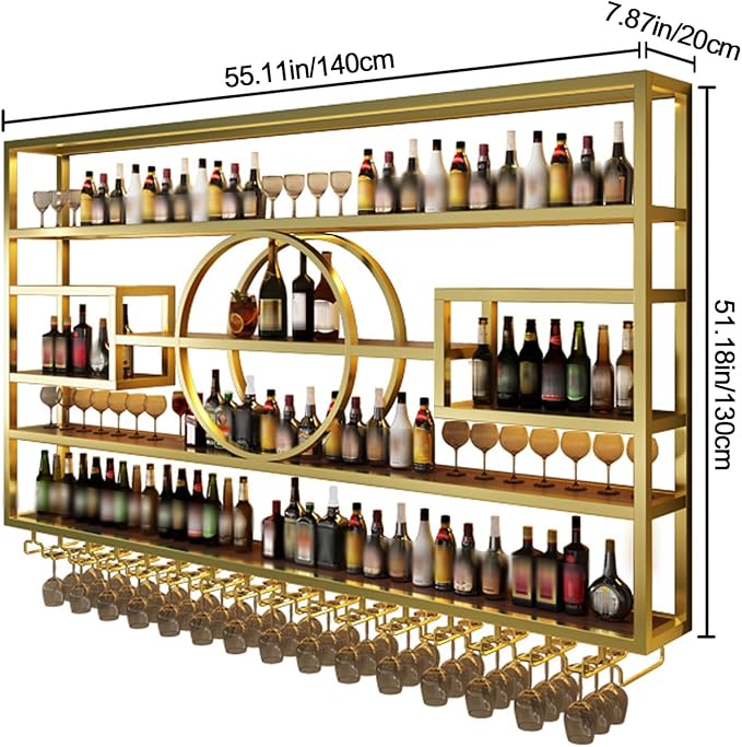55in Wine Rack Wall Mounted, Large Capacity Hanging Wine Bottles Display Shelf with Glasses Holder, 4 Tier Industrial Bar Liquor Storage Shelves for Home Bar Kitchen,Living Room (Gold, 110in)
