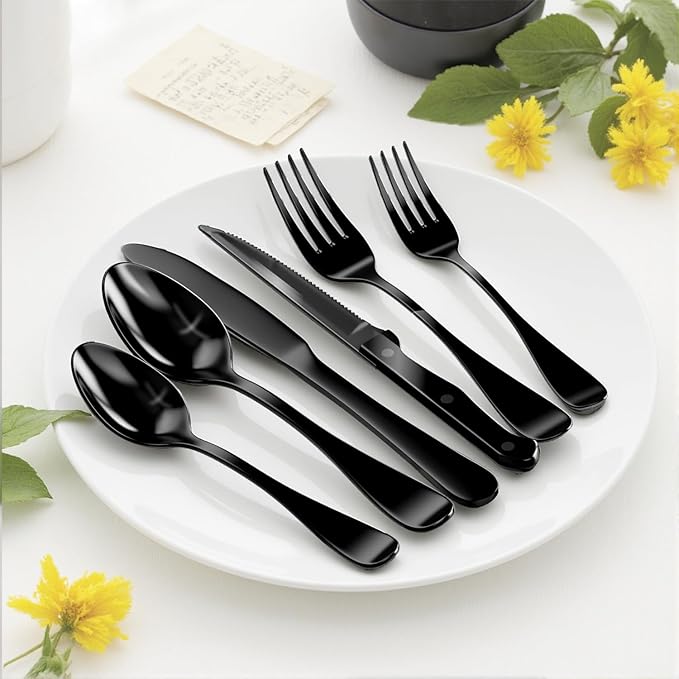 49-Piece Black Silverware Set with Organizer, Stainless Steel Flatware Set for 8 with Drawer Tray, Cutlery Steak Knives Fork Spoon for Home Restaurant, Mirror Finish
