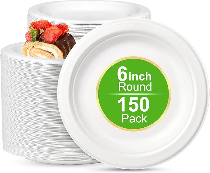 6 Inch Compostable Paper Plates - 150 Counts, Heavy-Duty Disposable Eco-Friendly Sugarcane Plates