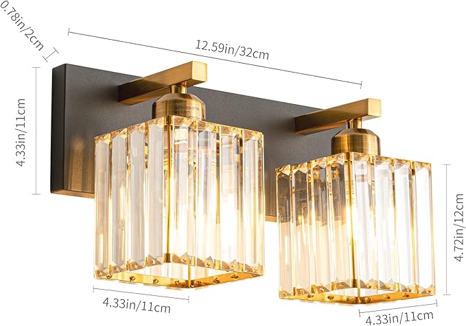 Modern Bathroom Vanity Light 2-Lights Black Gold Crystal Bathroom Wall Light Vanity Light Fixturesï¼?2.59-inch Modern Minimalist Design
