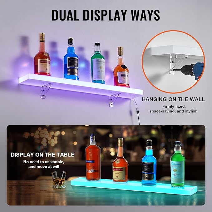VEVOR LED Lighted Liquor Bottle Display, 1 Tier 30 Inch Wall Mounted Whiskey Rack Stand, 1 Step Commercial Illuminated Home Bar Shelf, Acrylic Drinks Light Shelves with RF Remote & App Control