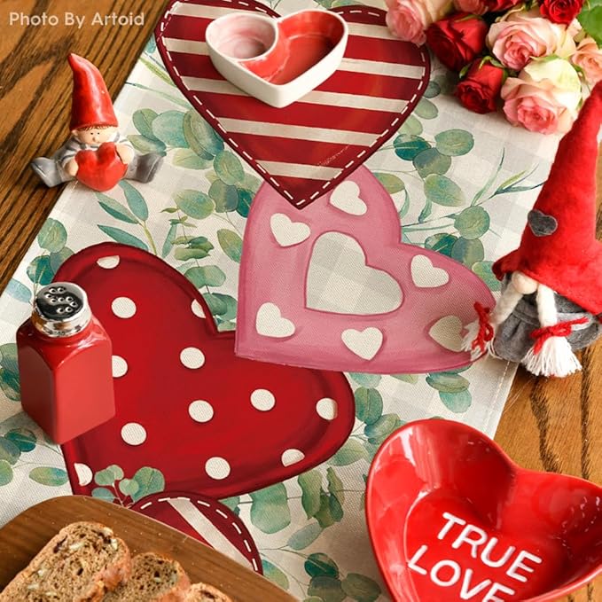 Artoid Mode Eucalyptus Polka Dot Hearts Valentine's Table Runner, HoliKitchen Dining Table Decoration for Home Party 13x108 Inch