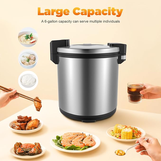 100 Cup Electric Rice Warmer with 2 Temp Settings (154째F-161째F) - Commercial Food Warmer for Rice, Soup & Dishes | Stainless Steel + Aluminum Alloy, Free Standing (Stainless Steel)