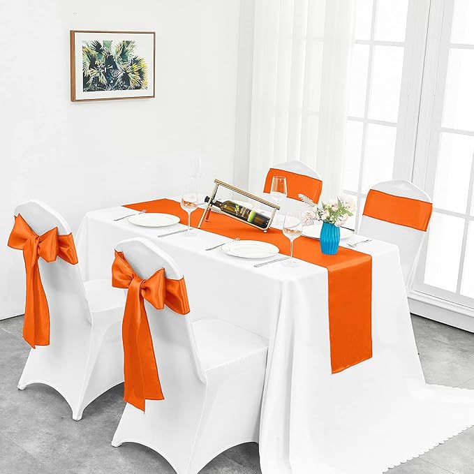4-Pack Orange Satin Table Runner 12 x 108 Inch Long Bright and Smooth Silk Fabric Table Runner for Wedding Banquet Birthday Party Decoration