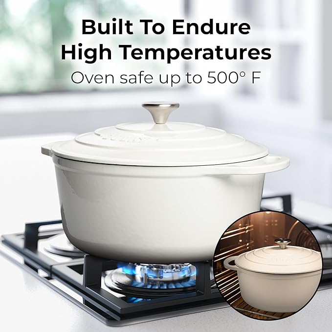 Zulay Kitchen 5 Quart Enameled Cast Iron Dutch Oven Pot with Lid ??Premium Durability & Oven Safe up to 500째F ??Heavy Duty Cookware Perfect for Bread Baking, Stews, Braising & Roasting ??White