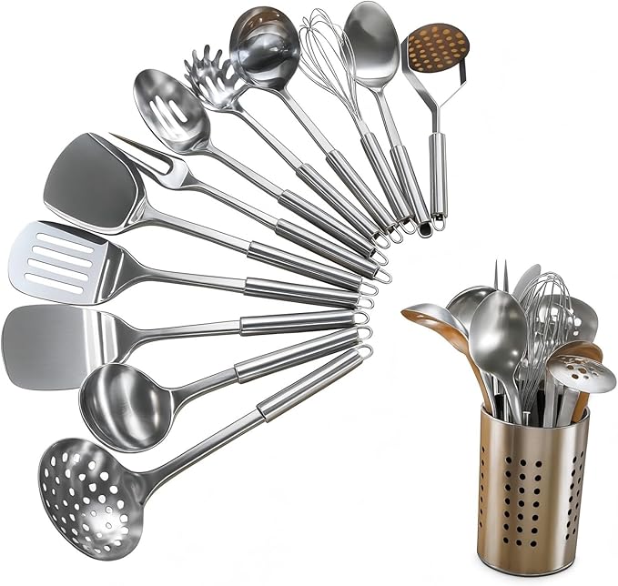 13 Pcs Stainless Steel Cooking Utensils Set, Heat Resistant Metal Kitchen Tools Include Utensil Holder, Solid & Slotted Spatula, Spoon, Ladle, Pasta Server,Potato Maseher, Egg Whisk, Meat Fork, Silver