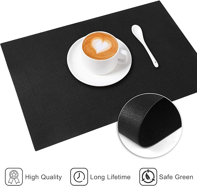 LANDVIEW Leather Heat Resistant Placemats Set of 6 Waterproof Wipeable Washable PU Table Mats,Easy to Clean Anti-Slip Place Mats (Black, 6)