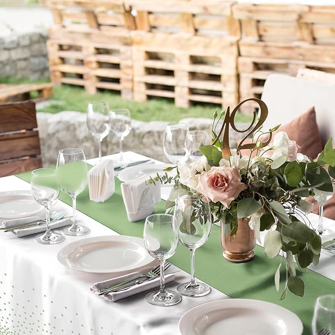 16Pack Plastic Tablecloths and Satin Table Runner Set Disposable White and Sage Green Dot Table Cloth Green Satin Table Runner for Wedding Birthday Baby Shower Anniversary Holiday Party Decorations