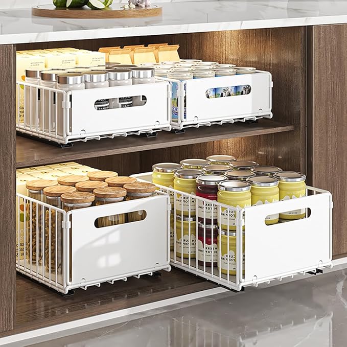 Pull Out Cabinet Organizer Slide Out Drawer Storage Shelves Cupboard Organiser Sliding Cabinet Basket for Kitchen No Drilling and Nailing (White, 2Piece 9.8" W X15 D X 7.5" H)