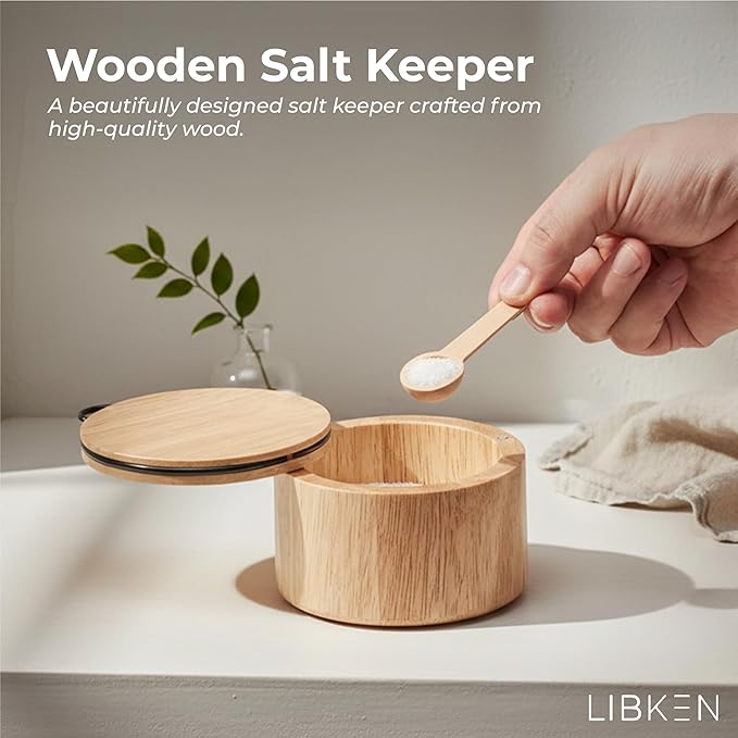 Wooden Salt Box with Lid & Spoon ??Rubberwood Keeper, Magnetic Swivel Top to avoid Dust, Minimal Scandinavian Bowl for Pepper, Spices, Herbs and Salt, Natural Salt Storage Container - Wood Lid