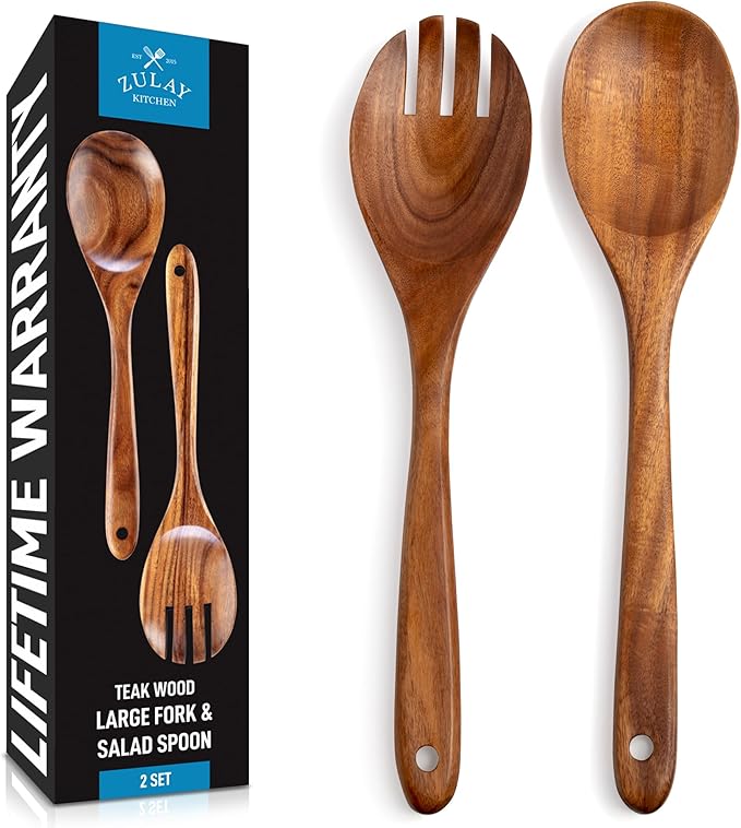 Zulay Kitchen Teak Wood Utensil Set ??2 Piece Large Wooden Salad Serving Spoon and Fork, Handcrafted Natural Teak Wood Kitchen Utensils, Durable, Nonstick Safe & Smooth Finish