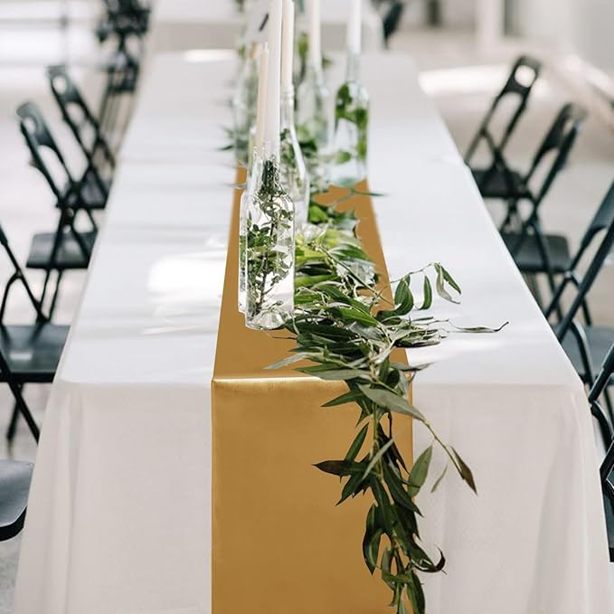 Yblut 10 Pack Satin Table Runner 12 x 108 Inch Long Old Gold Silk Table Runner for Wedding Party Banquet Birthday Decoration