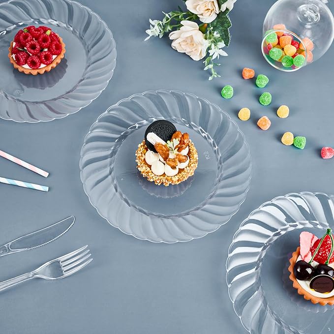 FOCUSLINE 100 Count Clear Plastic Plates 9 Inch, Disposable Heavy Duty Dinner Plates- Premium Hard Plastic Plate Fancy Disposable Clear Plates for Weddings, Parties and Events
