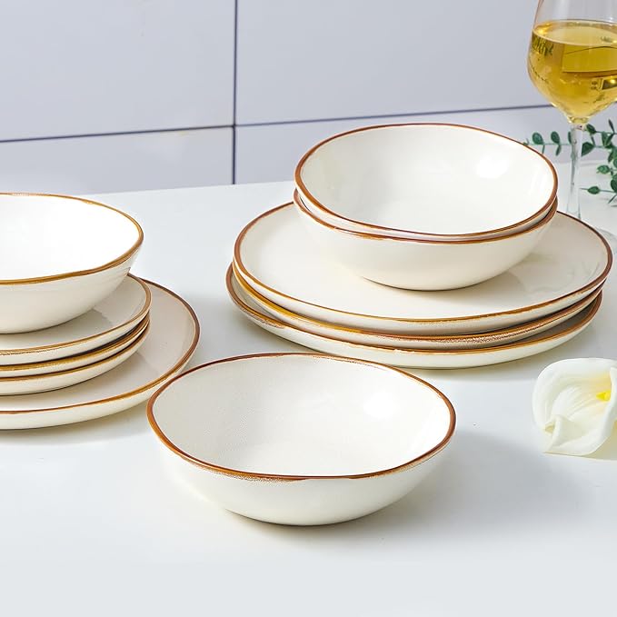 Bestone 12 Pieces Round Kitchen Dinnerware Sets竊똏lates and Bowls Sets,Dishes, Plates, Bowls, Dish Set, Chip Resistant Ceramic Dinnerware Set, Dishwasher/Microwave Safe,Service for 4,Pearl White
