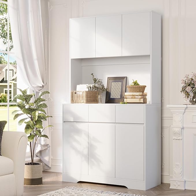 KAMABOKO 71" Kitchen Pantry Cabinet with LED Light and Charging Station Tall Pantry Storage Cabinet with Adjustable Shelves and Door Modern Kitchen Hutch with Microwave Stand and Countertop (White)